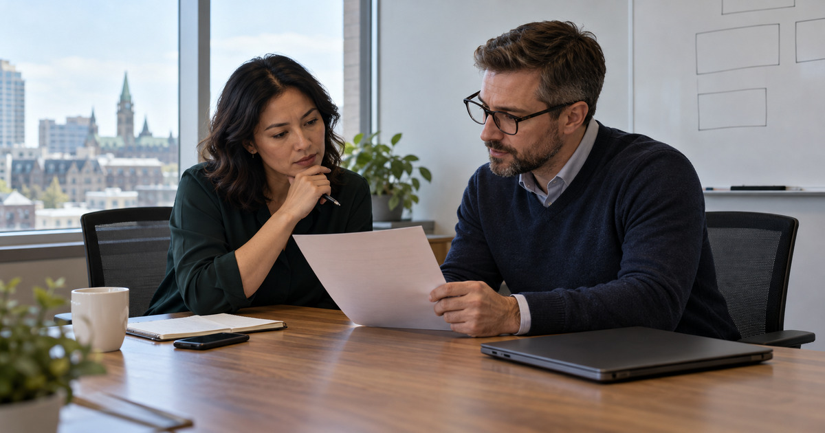 Two colleagues review an approval checklist beside a closed laptop in an illustrative office scene.