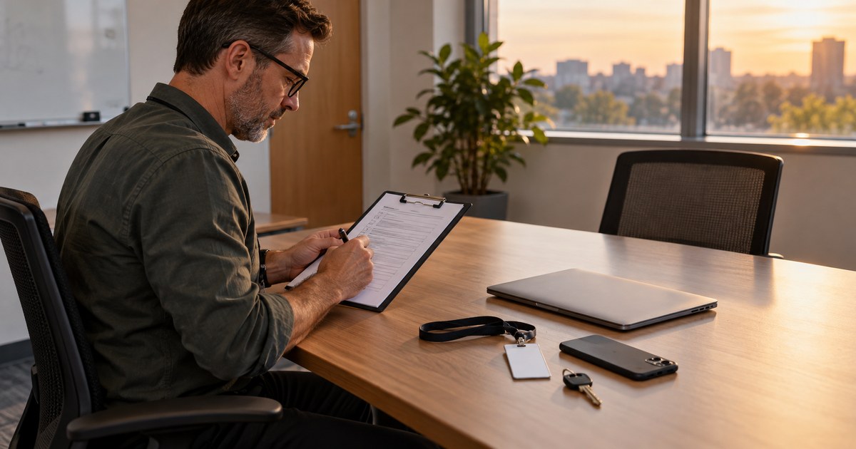 An IT manager checks an access badge, key and company phone against an offboarding checklist in an illustrative scene.