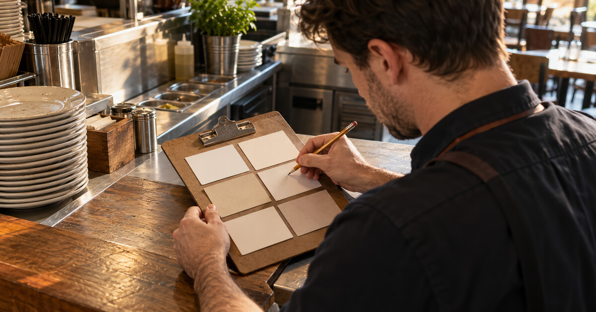 A restaurant manager compares blank menu price cards at a counter.