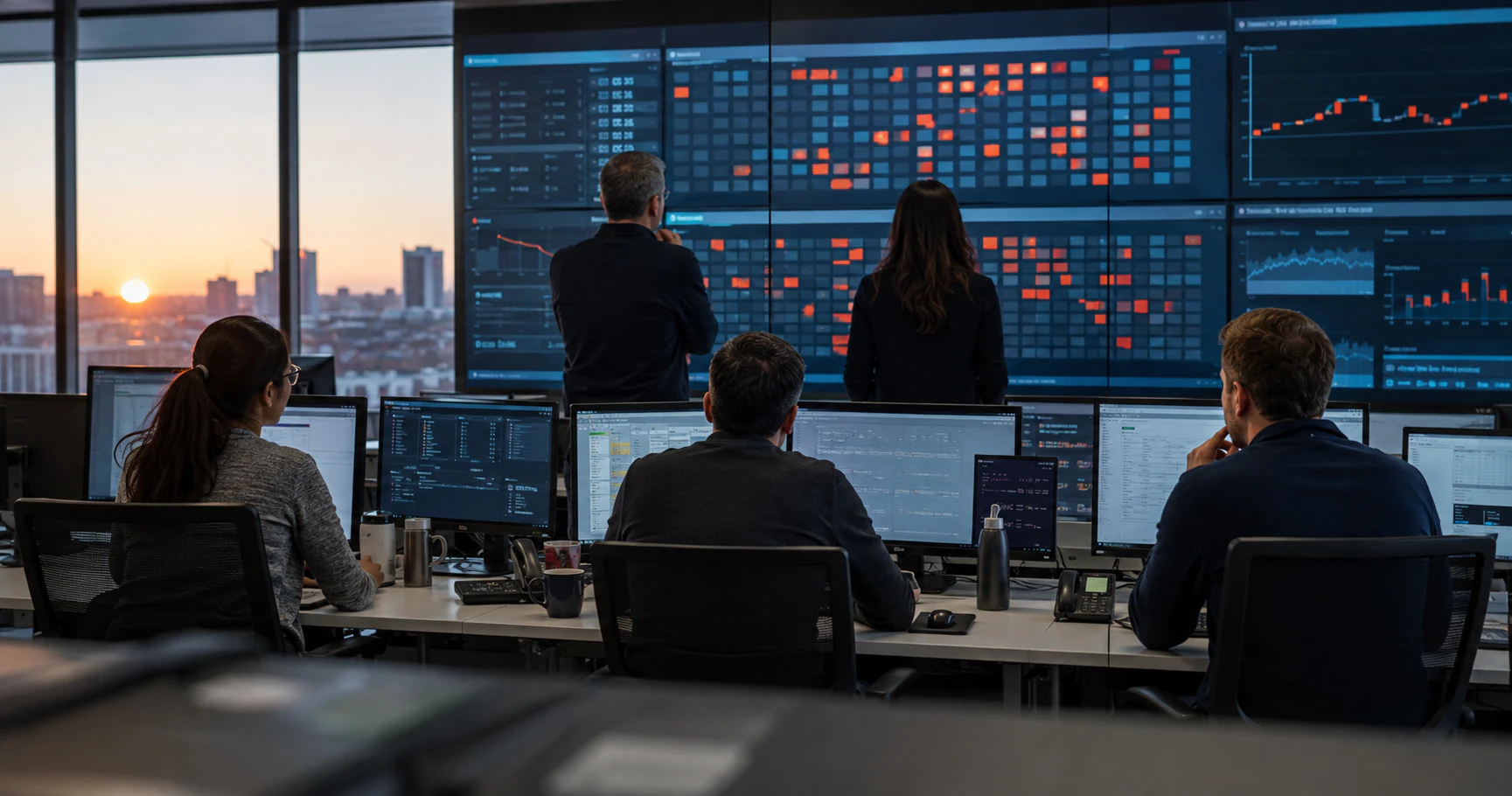 Bank operations staff responding to a system outage in a Toronto control room at dawn