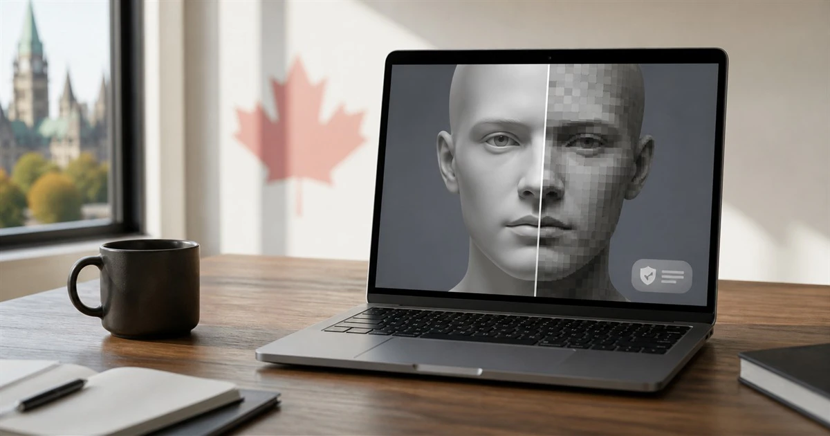 Laptop in an Ottawa workspace comparing a smooth digital face with a pixelated synthetic version