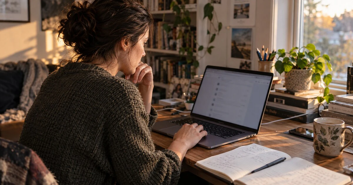 A person reviews browser extensions on a laptop at a home-office desk.