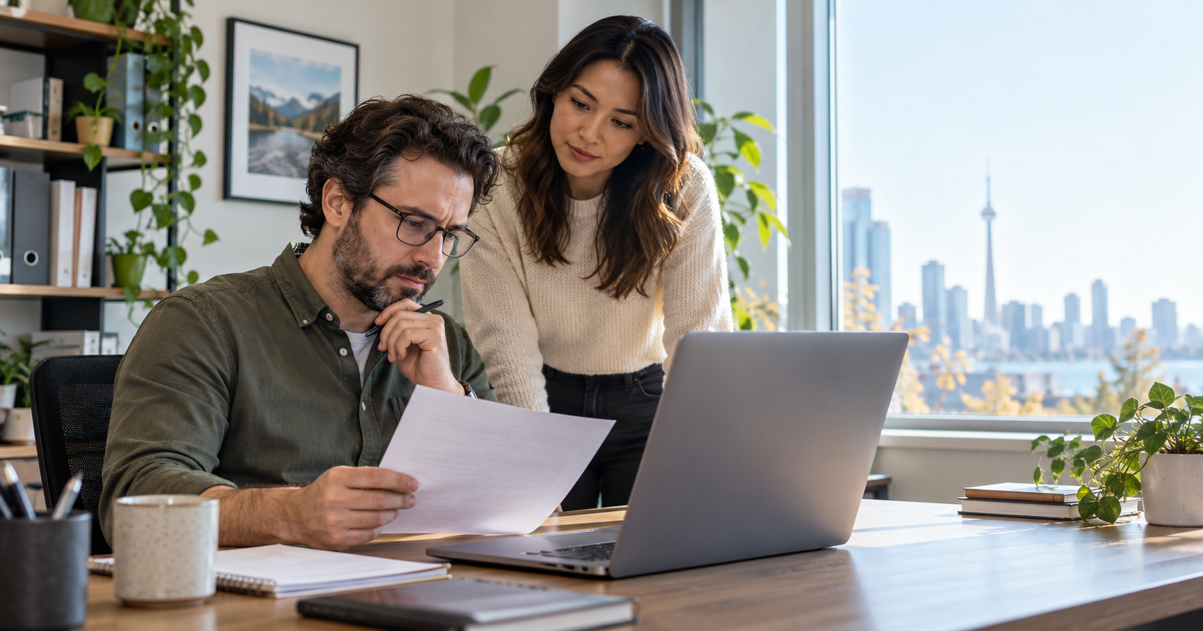 Two office workers review an access checklist beside a laptop in a bright workspace.