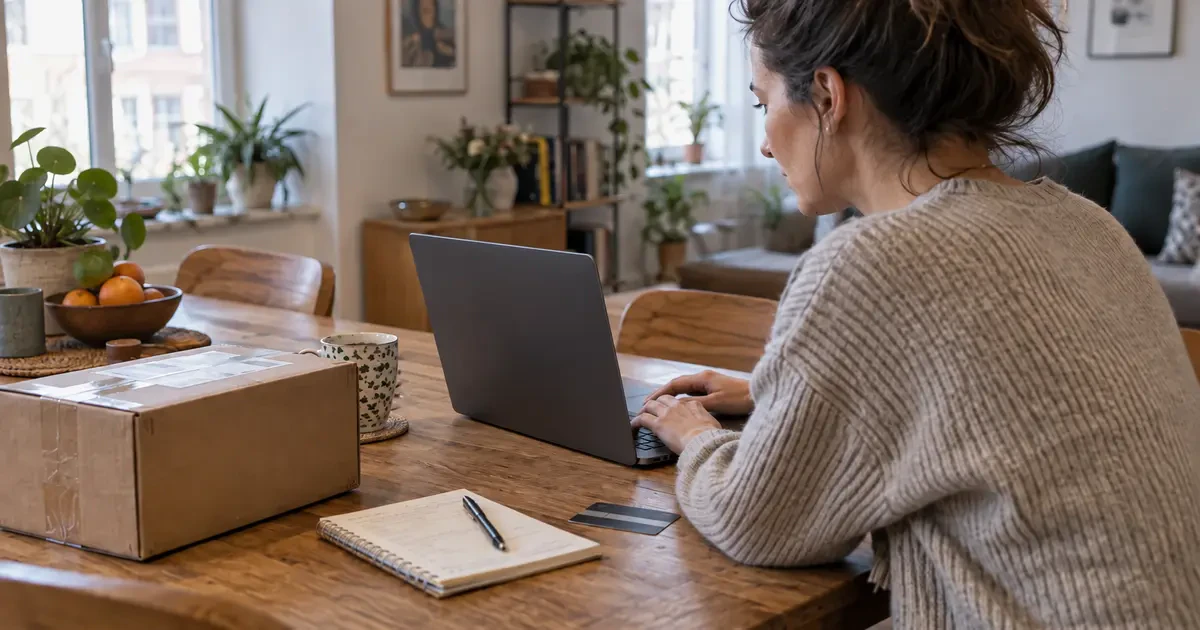 A shopper uses a laptop facing her beside a parcel, notebook and face-down payment card.