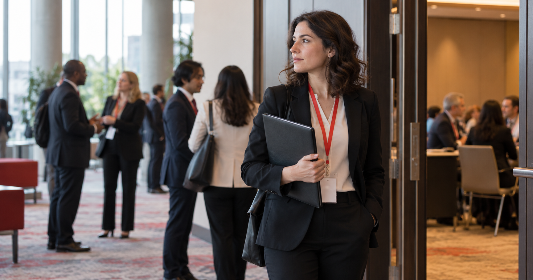 A policy delegate pauses outside a conference meeting room as other participants talk nearby.