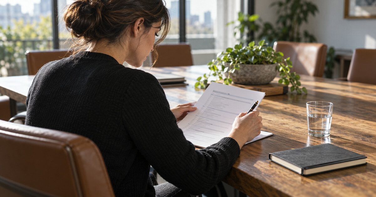 A technology auditor reviews a printed control checklist at a conference table.