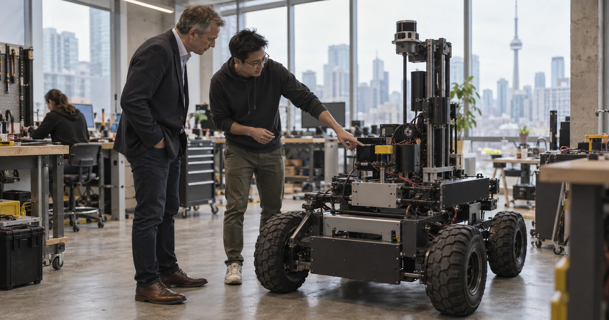 A startup founder shows an investor a wheeled robot prototype in a Toronto workshop.