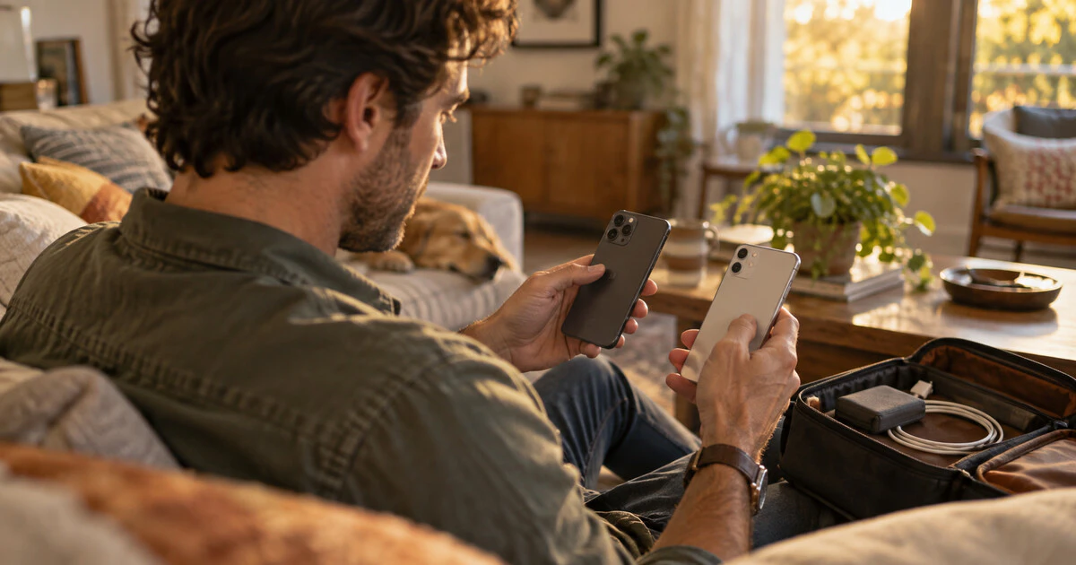 A person compares two phones while preparing to move mobile service.