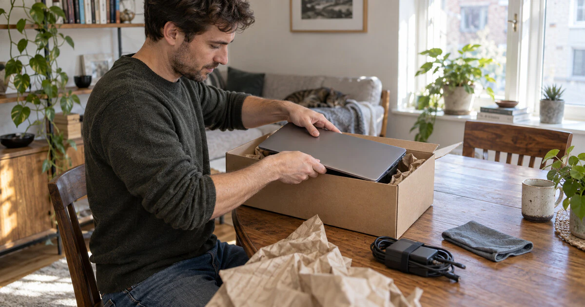 A person packs a powered-off laptop into a box for its next owner.
