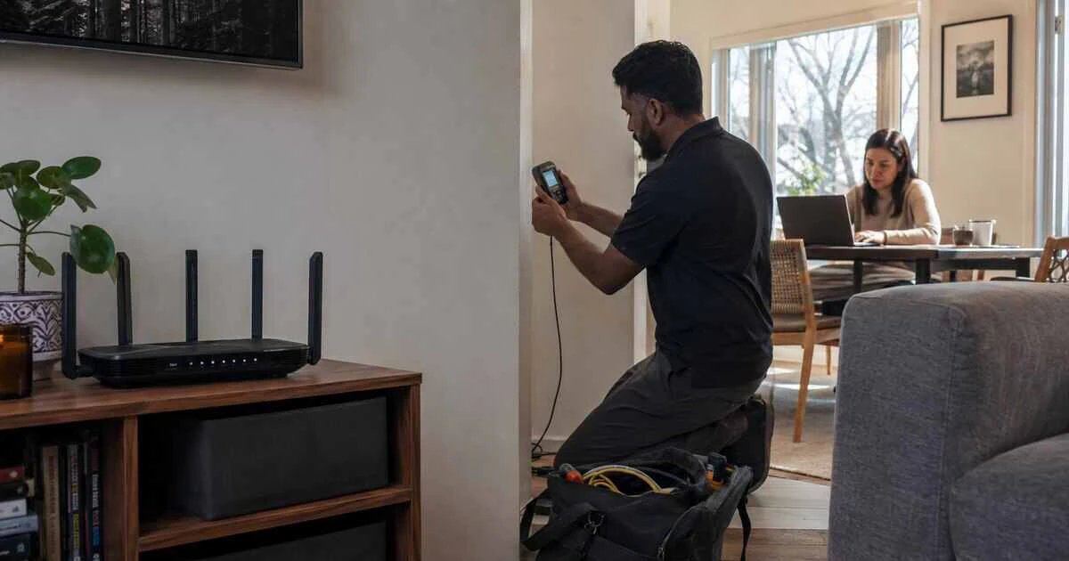 Technician measuring wireless performance between a home router and a laptop in another room