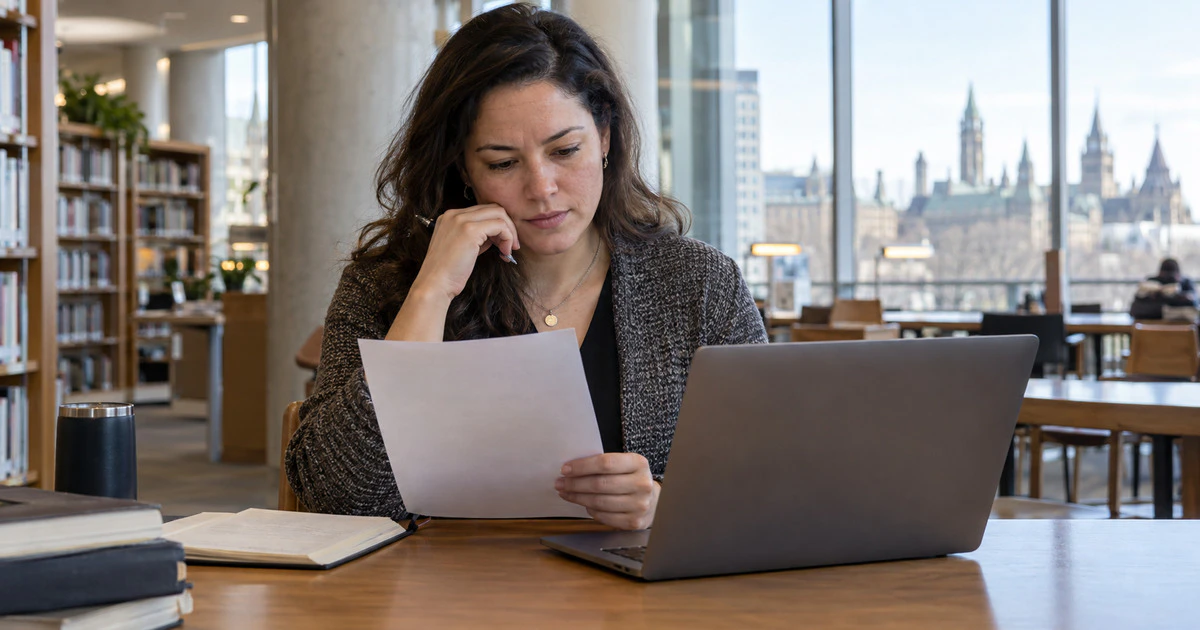 A woman reads a printed consultation document beside a laptop in an Ottawa library, with the blank back of the page facing the camera.