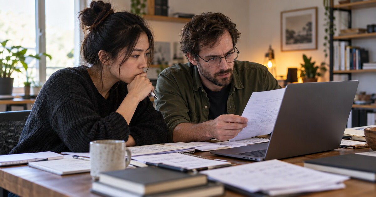 Two small-business colleagues review an invoice beside a laptop.
