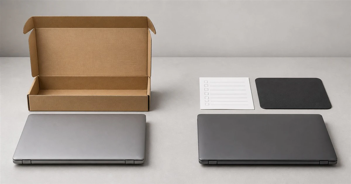 Two closed unbranded laptops compared beside an open box and a blank inspection checklist