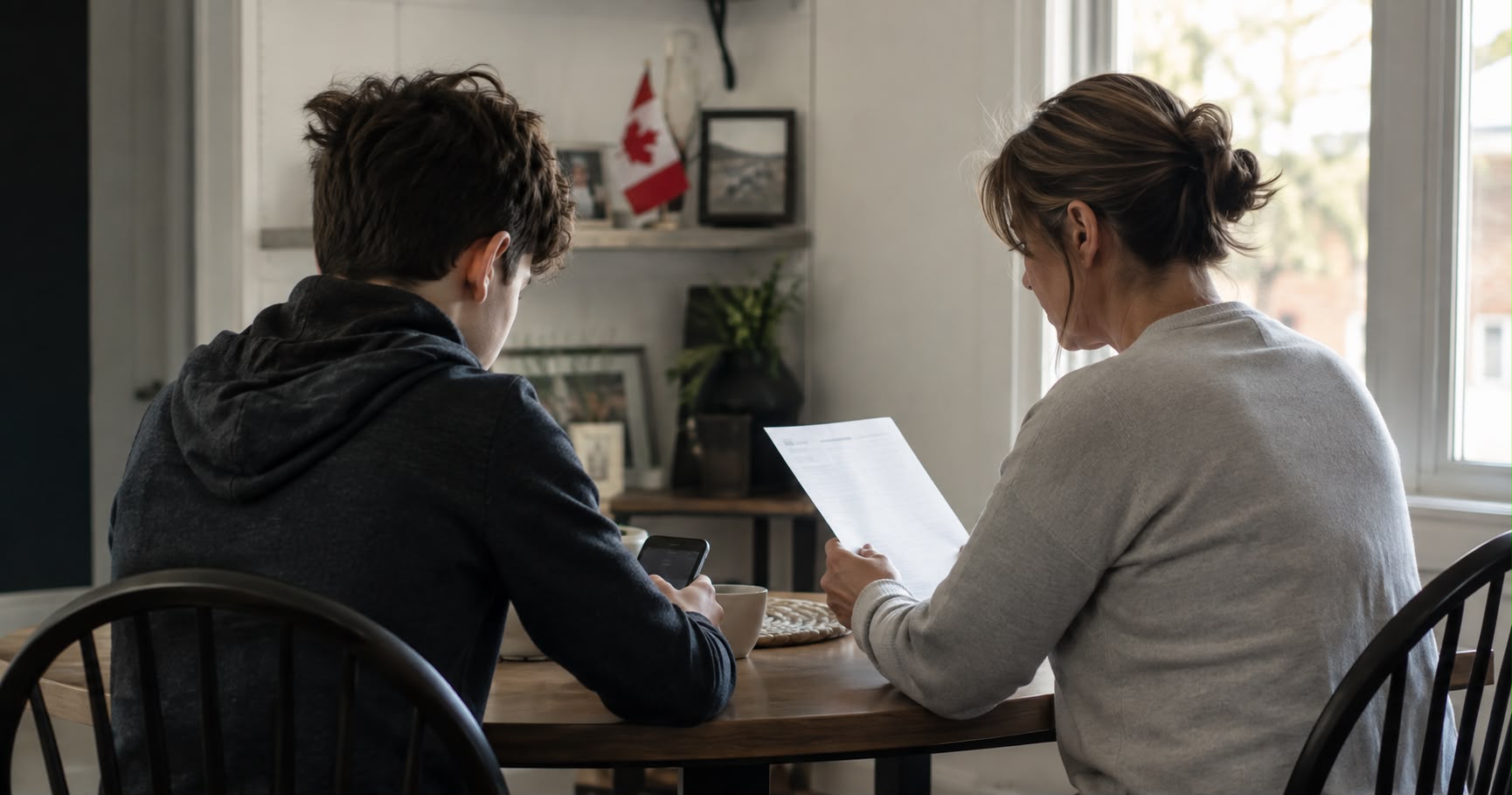 Teenager using a smartphone while an adult reviews documents in a Canadian home