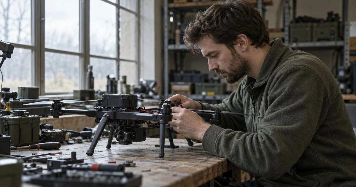 An engineer inspects a quadcopter on a workshop bench.