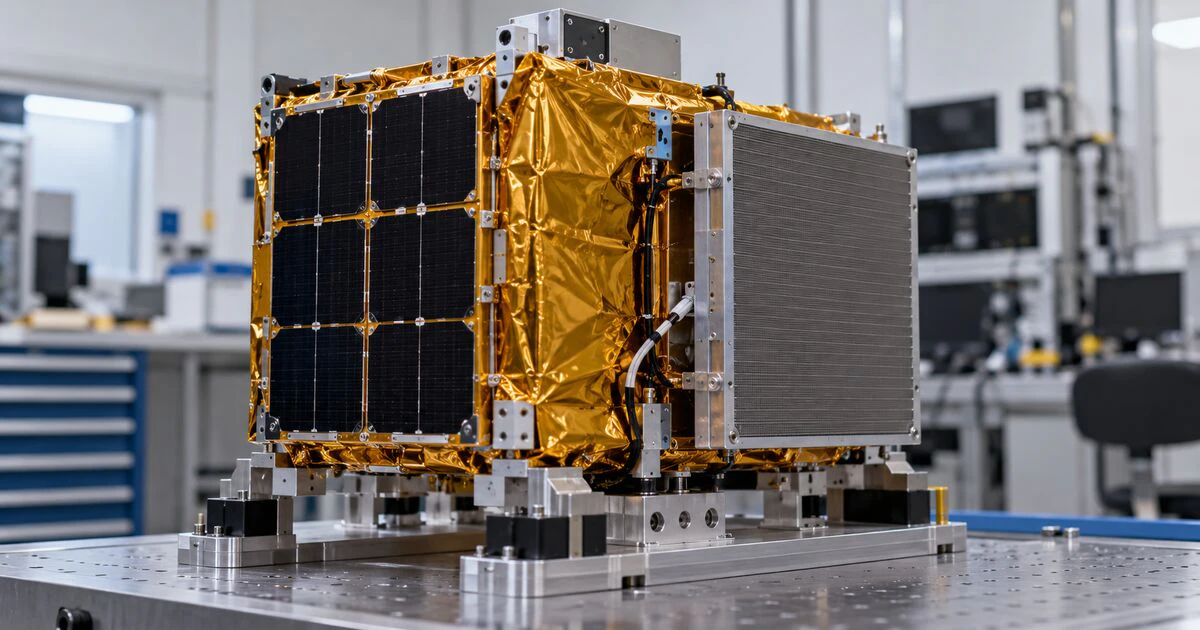 An illustrative small satellite test article sits on a laboratory fixture.