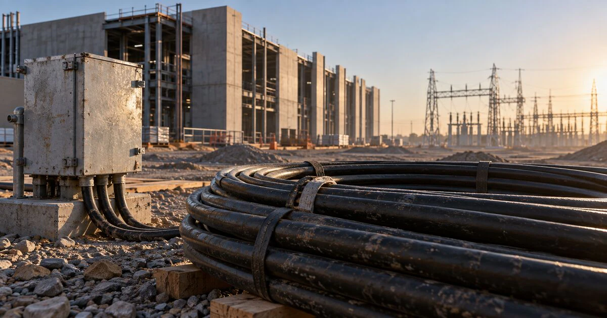 Coiled power cable lies beside an unfinished industrial building and substation.