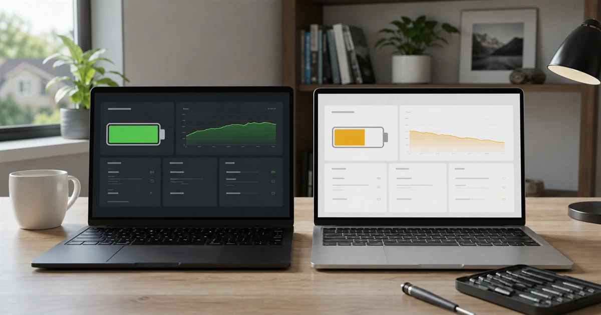 Two generic laptops displaying healthy and worn battery-capacity dashboards
