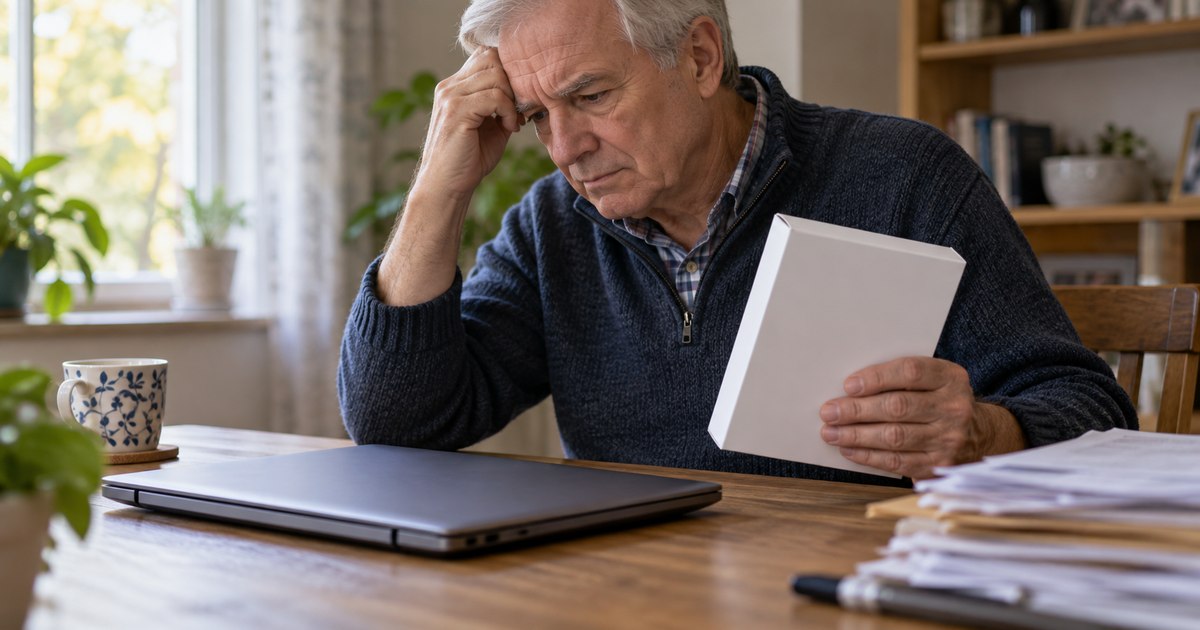 A man holds an old software box beside a closed laptop.