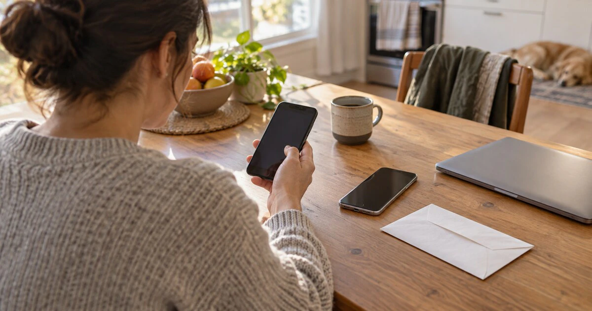 A person prepares to transfer account access between two phones at a kitchen table.