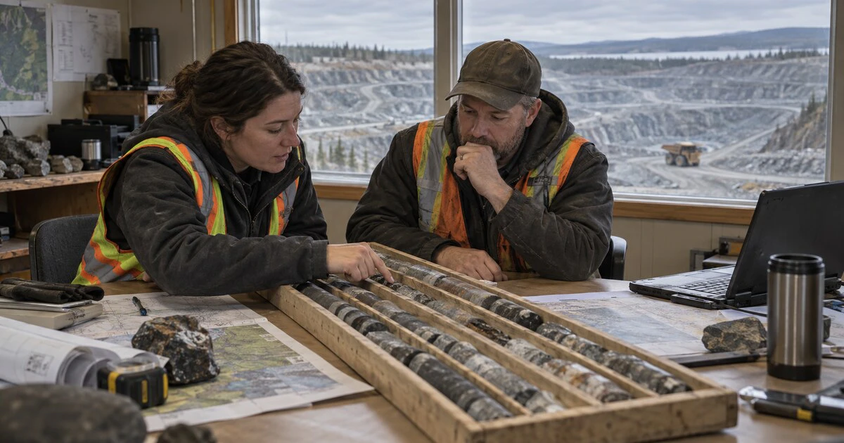 Two mining engineers inspect rock cores in an office overlooking an open-pit mine.