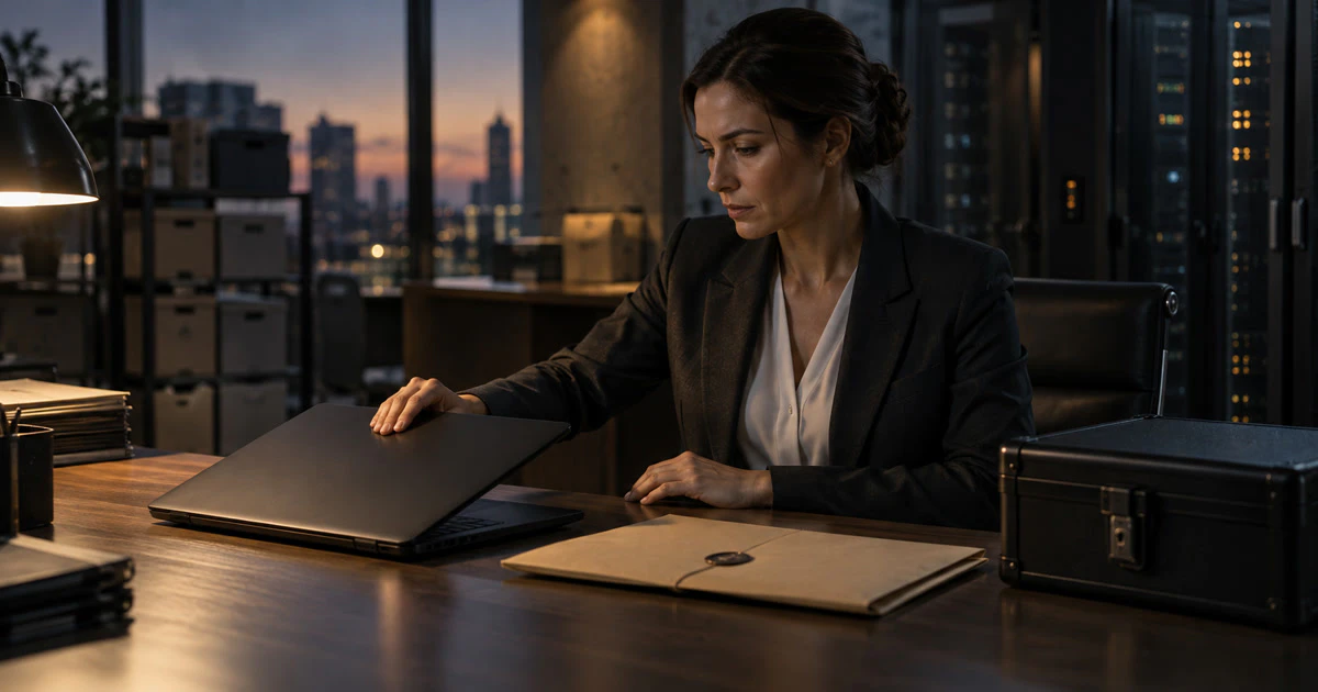 A security professional closes a laptop beside a sealed file and locked data case in a server room.