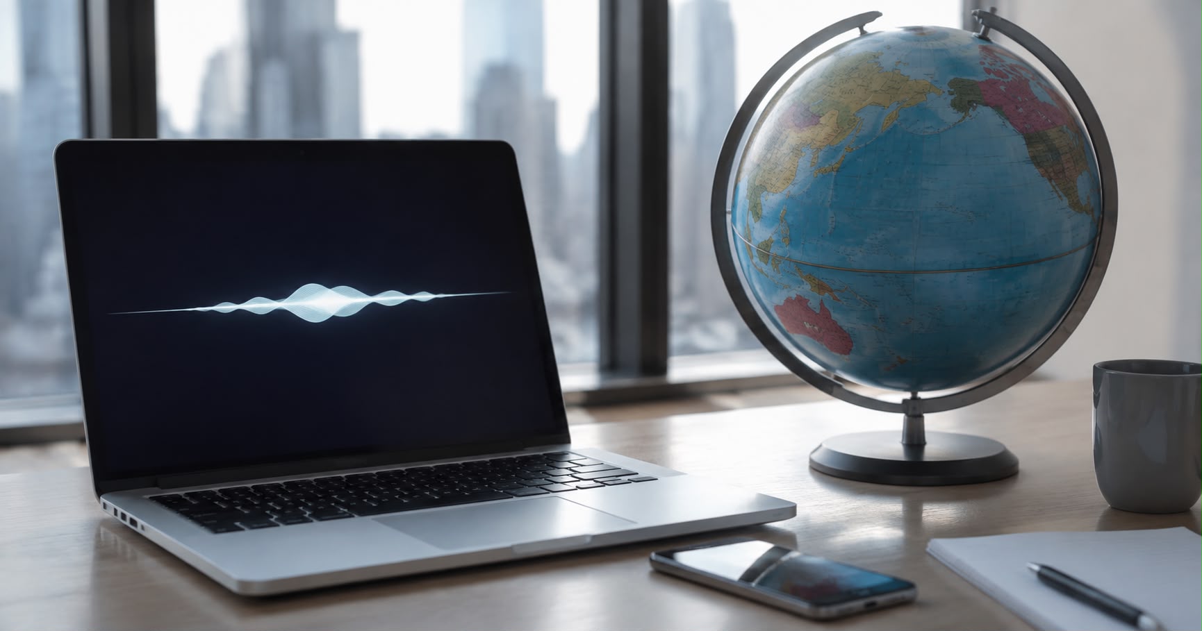 Silver laptop displaying a voice waveform beside a globe centred on the Pacific