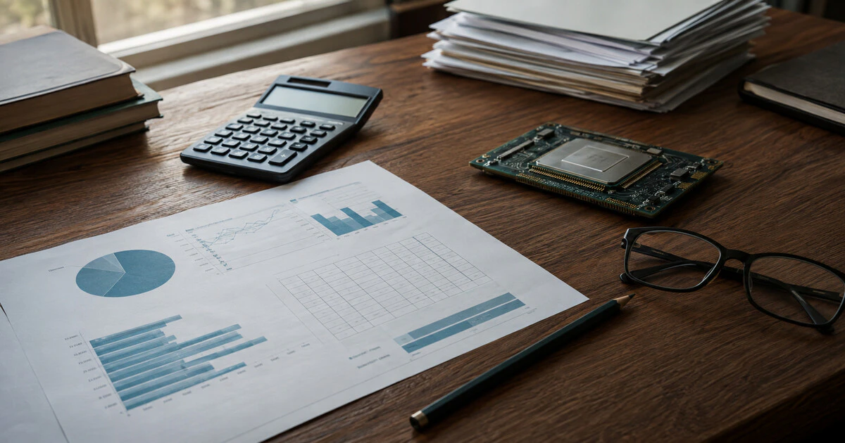 An image showing graphs, a calculator, a chip, a pencil and a pair of glasses