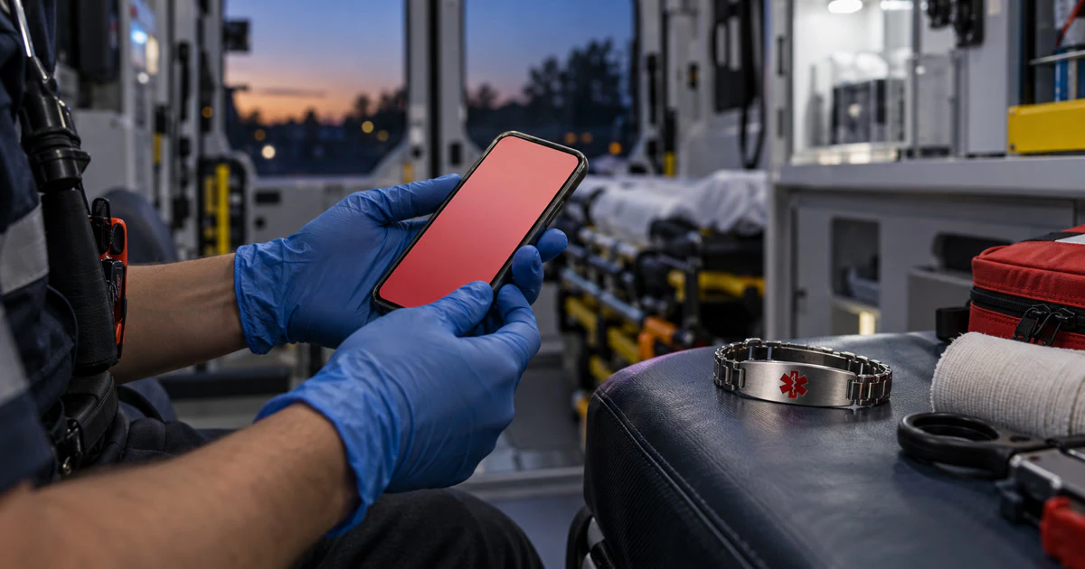 A paramedic holding a smartphone beside a medical-alert bracelet inside an ambulance.