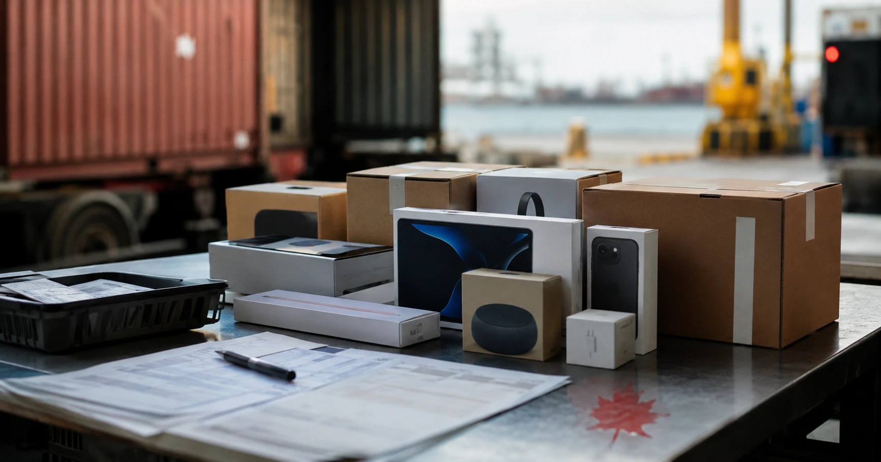 Unbranded electronics boxes and customs paperwork at a freight-terminal inspection table