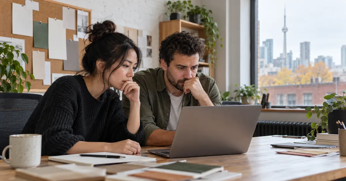Two advertising colleagues review a laptop in a Toronto office.