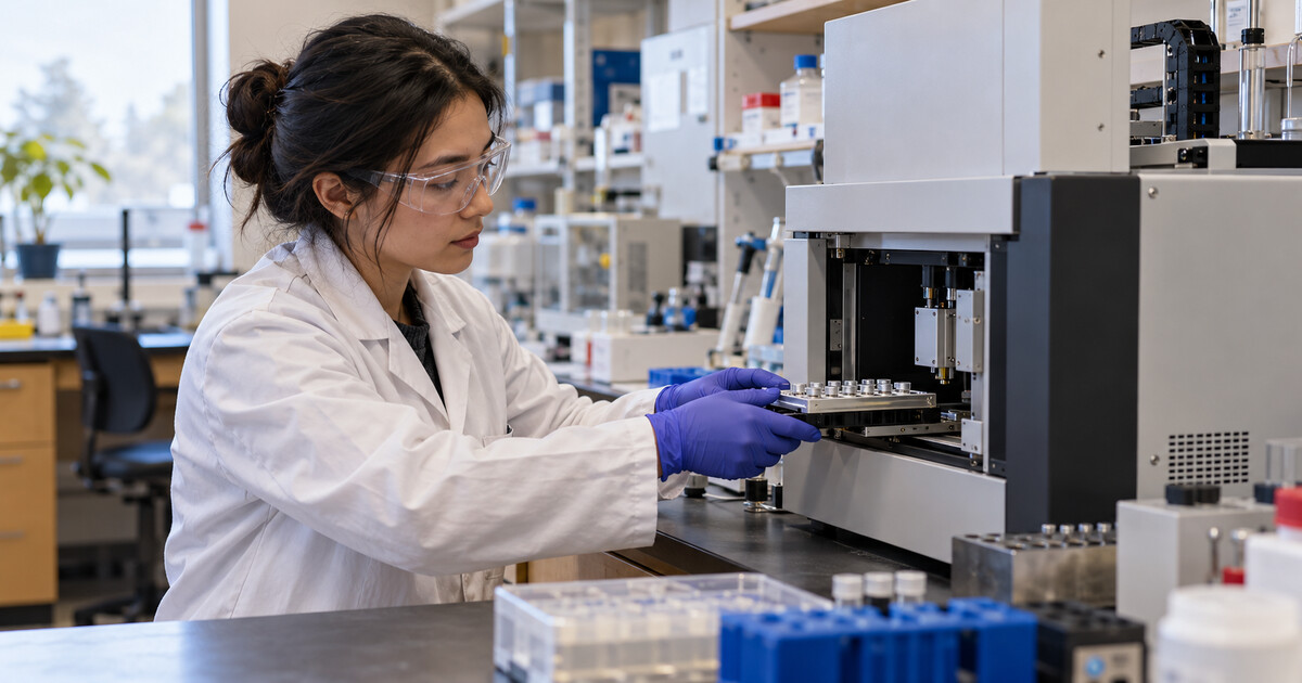 A materials researcher loads samples into an automated laboratory instrument.