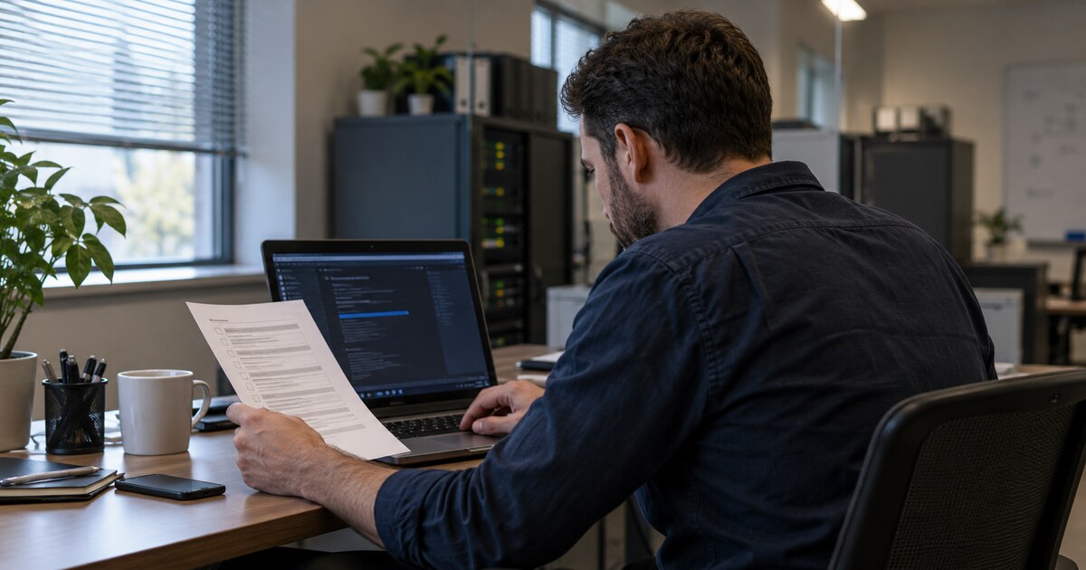 A systems administrator compares a maintenance checklist with a laptop in an equipment room.