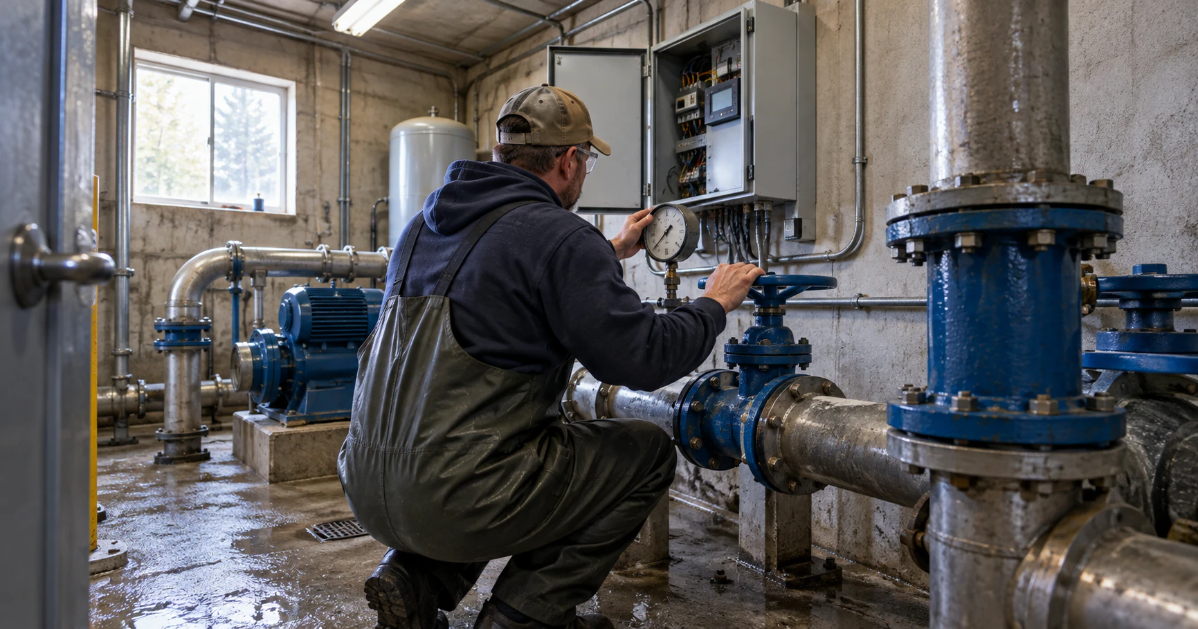 A water utility operator checks a pressure gauge and valve inside a small pump room.