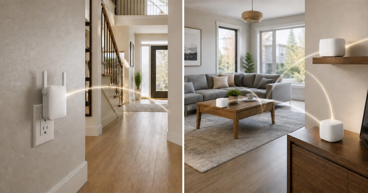 Plug-in Wi-Fi extender compared with three mesh nodes across a two-storey home