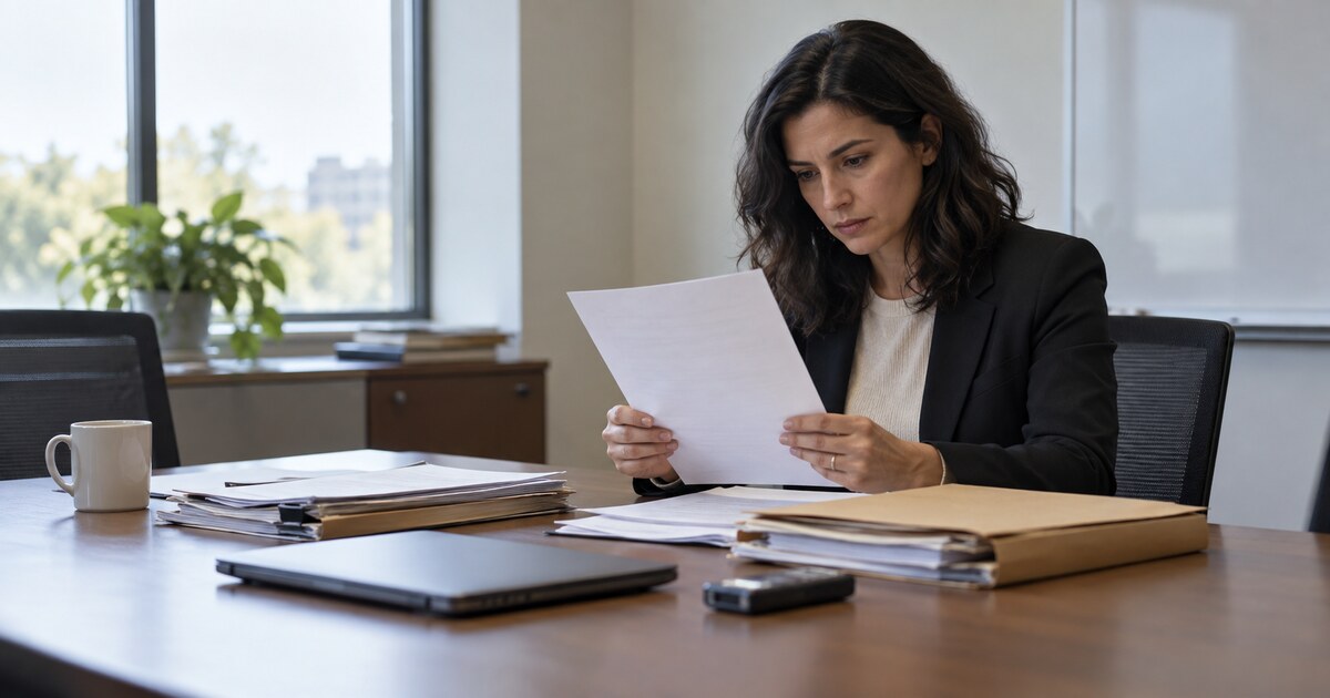 A policy investigator reads a printed document at a meeting-room table.