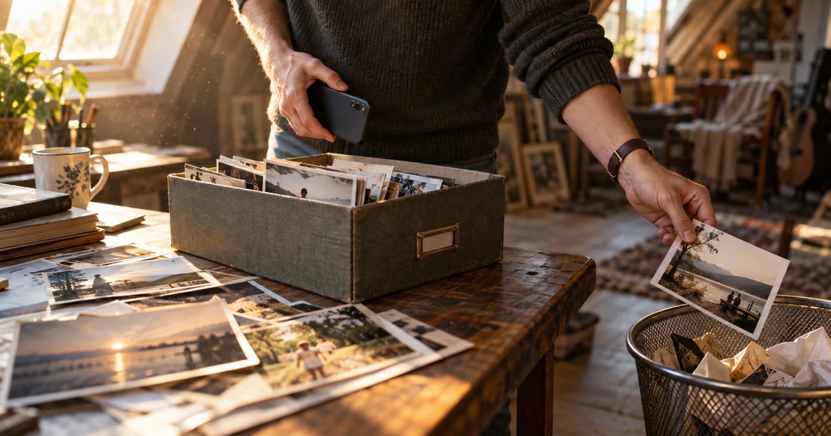 A person retrieves a printed photograph from a wastebasket beside a phone and photo archive.