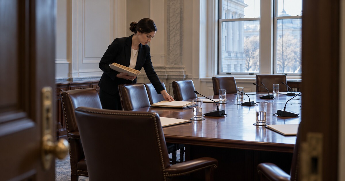 A policy staffer arranges briefing folders in an empty government conference room.