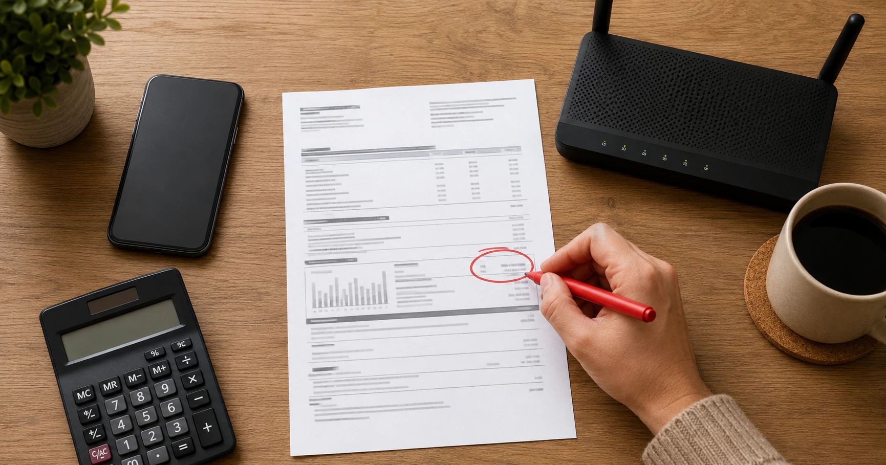 An unbranded phone bill beside a smartphone, Wi-Fi router and a red-circled extra charge