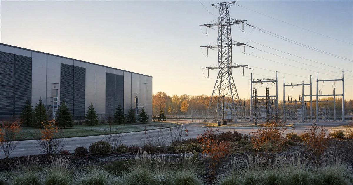 Modern Ontario data centre beside a high-voltage transmission tower and electrical substation