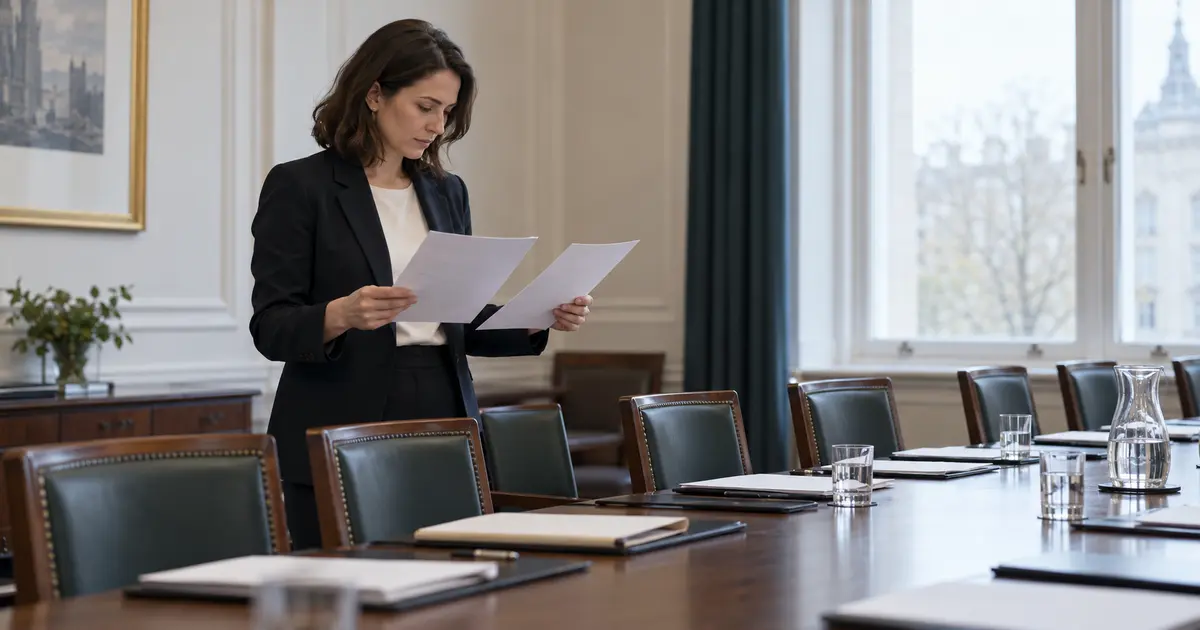 A policy adviser compares privacy briefings in a meeting room.