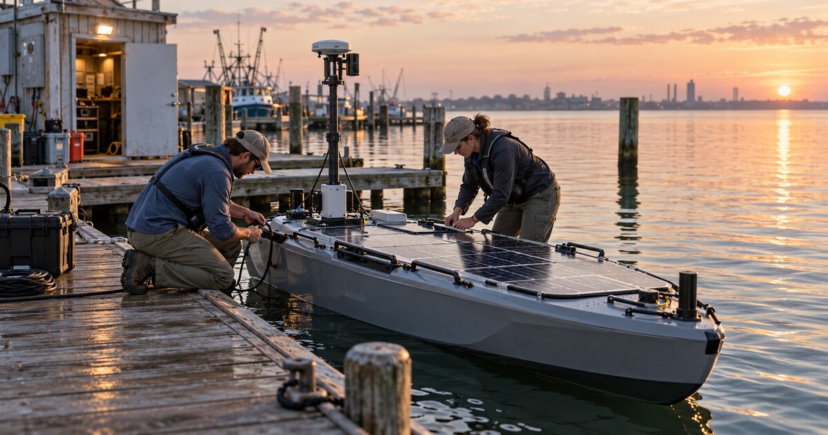 Two technicians inspect a solar-powered autonomous boat at a marina at sunrise.