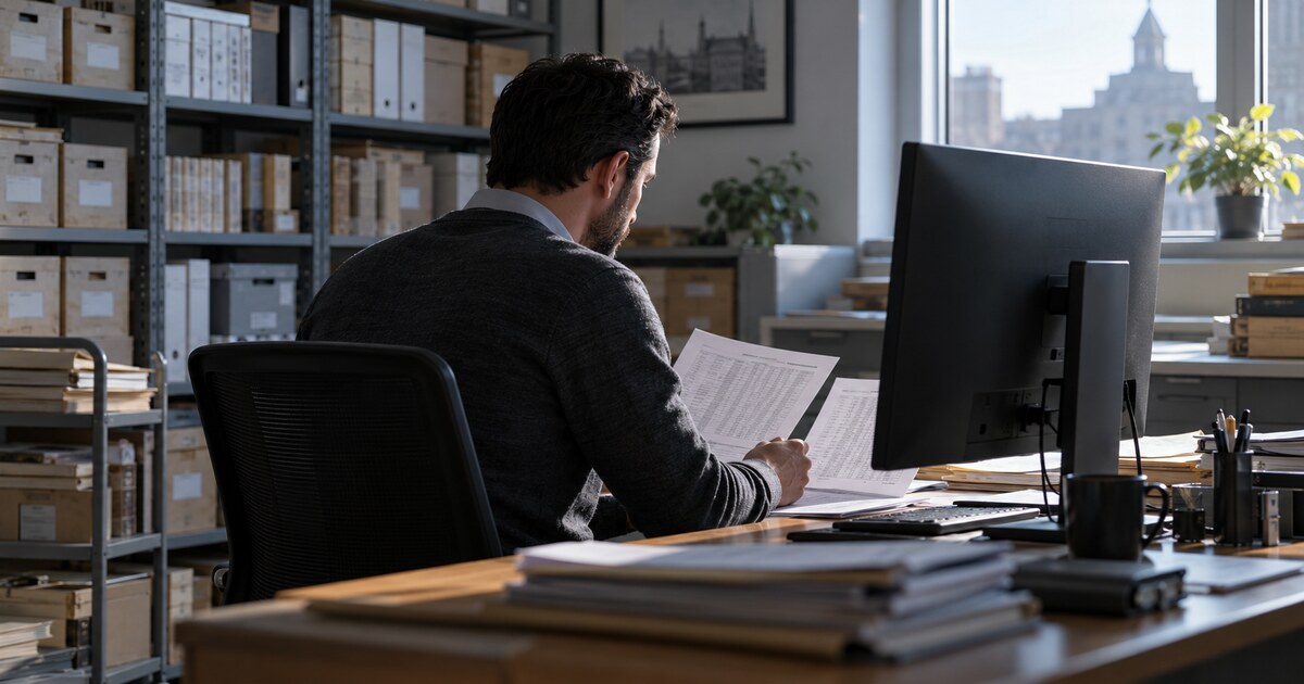 An archive researcher reviews printed records beside a desktop monitor in a records office.