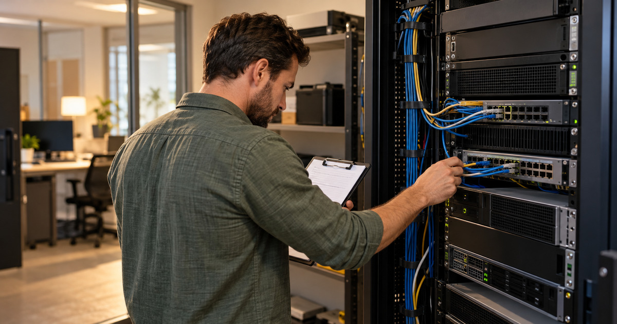 A network administrator checks generic backup equipment and cable connections in an illustrative server-room scene.