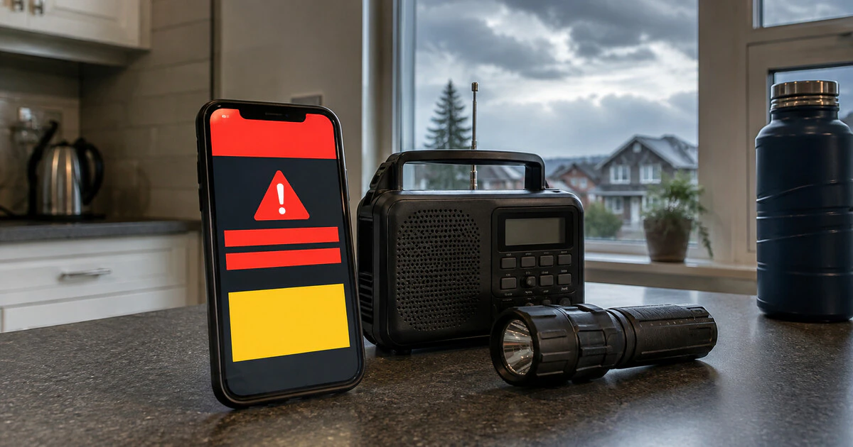 A phone showing emergency alerts beside a radio