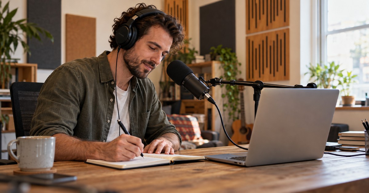 An audio producer wearing headphones takes notes beside a microphone in an illustrative studio scene.