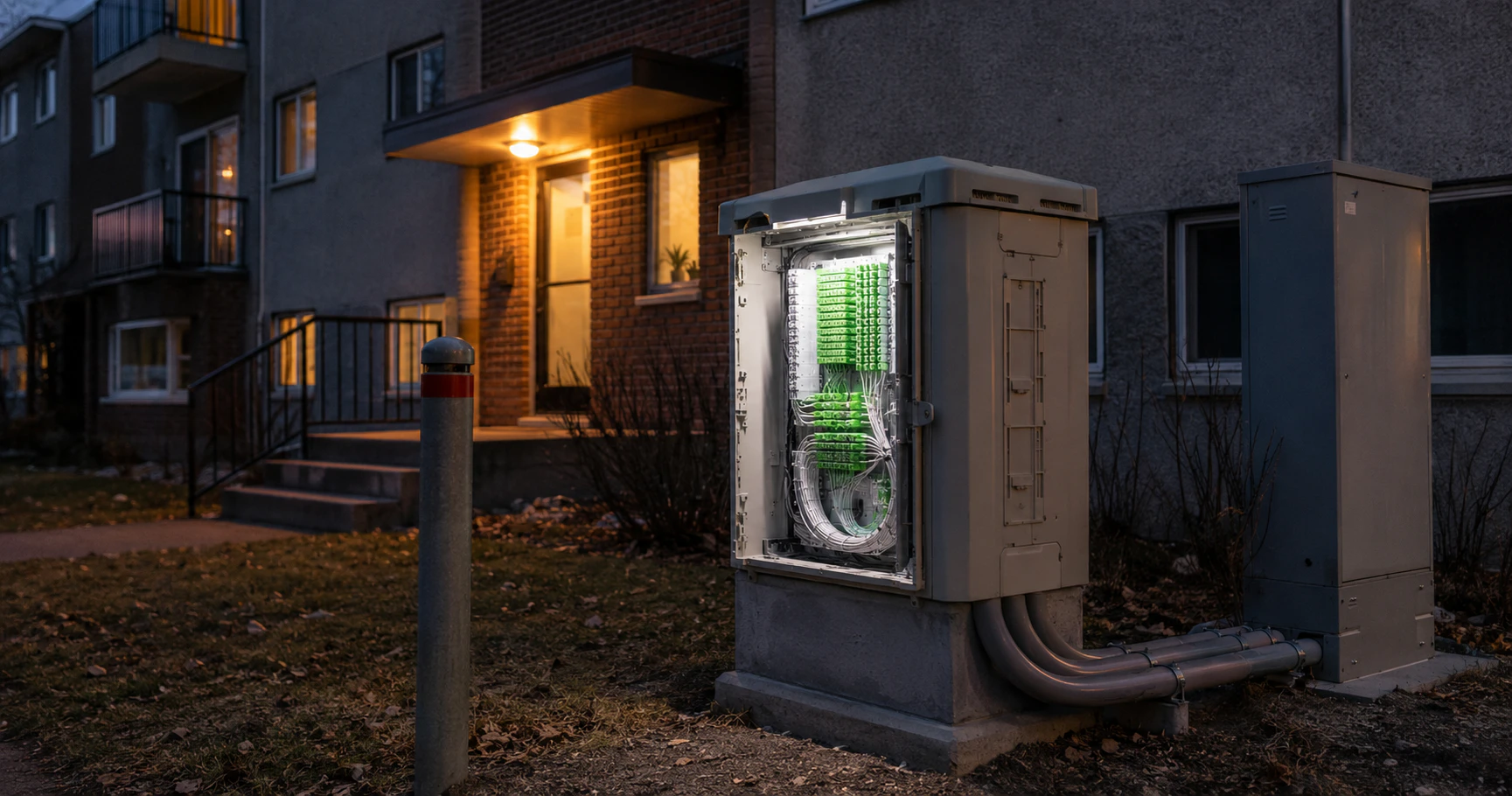 A fibre service box outside a Canadian apartment building at blue hour