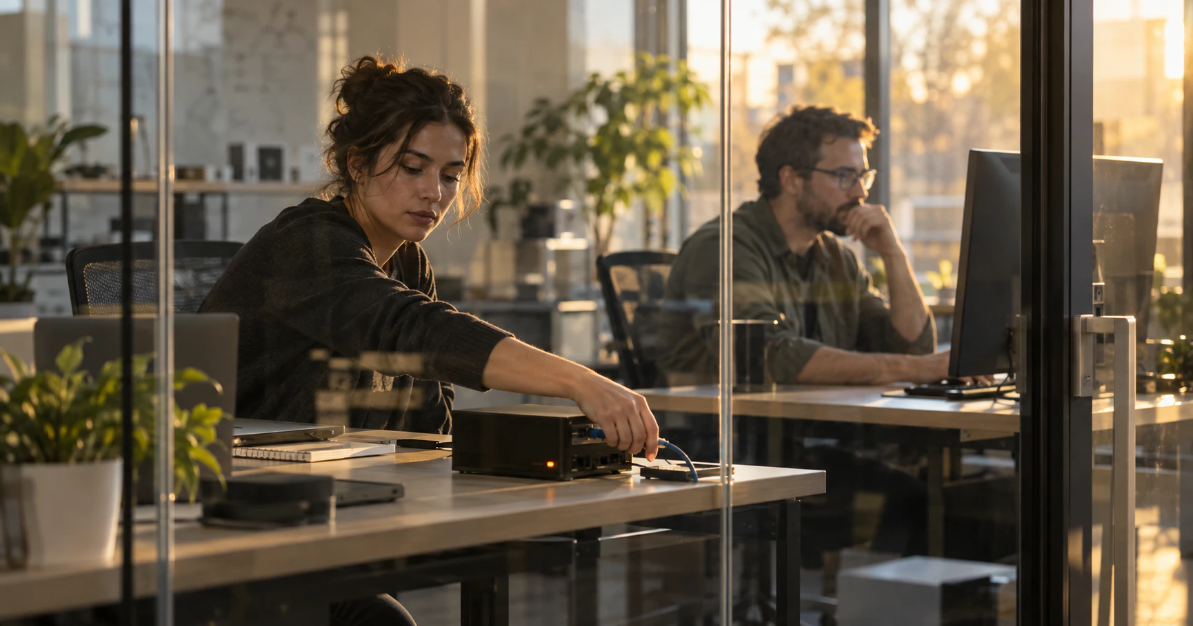 A cybersecurity researcher disconnects a test computer from the network inside a glass-walled lab.