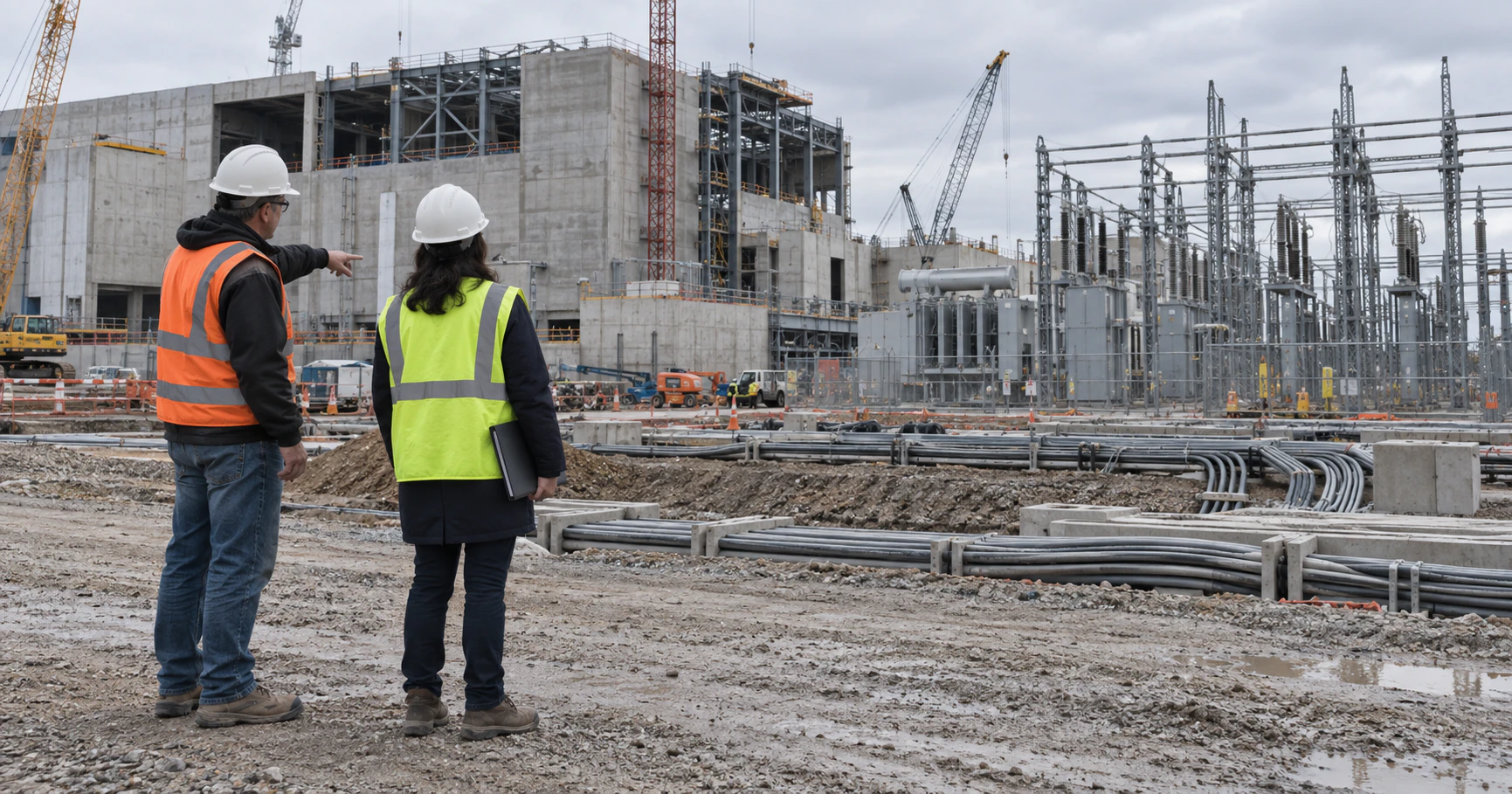 Two project leaders survey an unfinished data centre and electrical substation at a construction site.