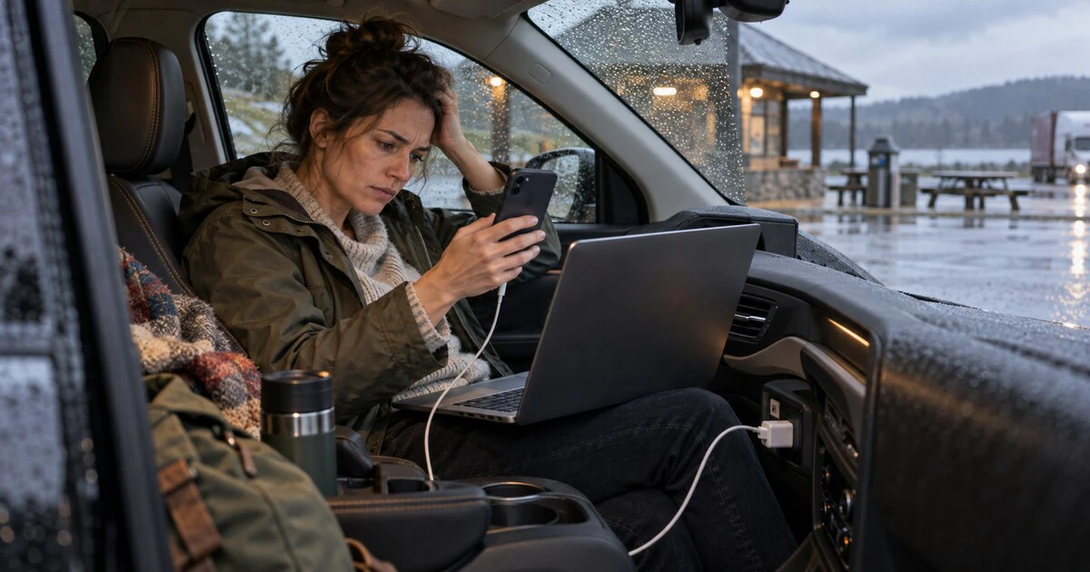 A traveller checks a phone beside a laptop inside a parked car on a rainy day.